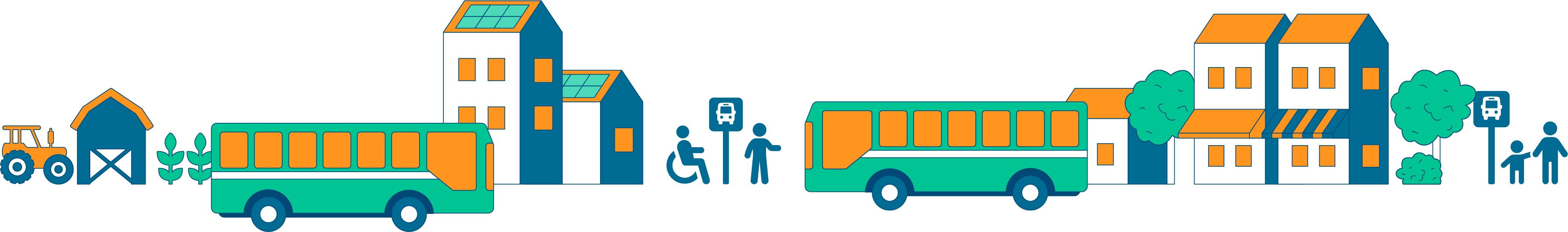 Graphic of a community street with homes, businesses and farm land with buses driving by and people standing at bus stops.