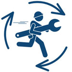 line drawing of a person running with a giant wrench and is circled by three arrows