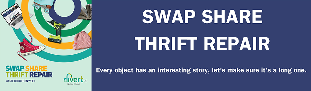 image with a laptop, sneaker, and tool that reads swap share thrift repair