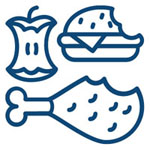 line drawing of an apple core, hamburger with a bite out of it and a chicken leg that has a bite out of it