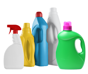 plastic spray bottles and laundry detergent jugs