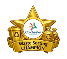 gold star with colchester logo and a gold banner with the words waste sorting champion