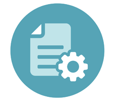 icon of paper with lines and a folded corner and a cog in the lower right